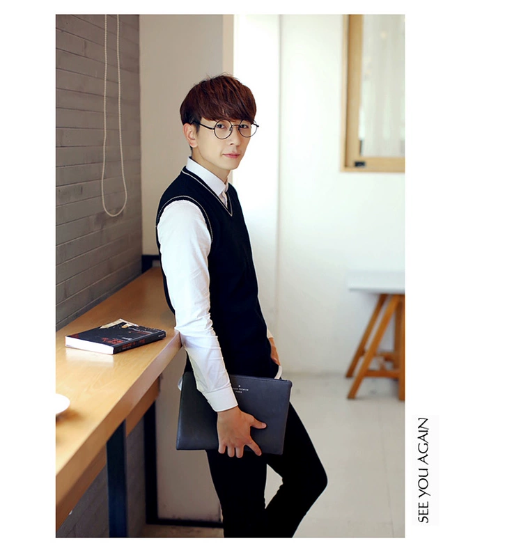 Thu đông nam xu hướng áo len dệt kim giản dị Slim màu rắn cổ chữ V trẻ trung không tay vest vest vest cotton