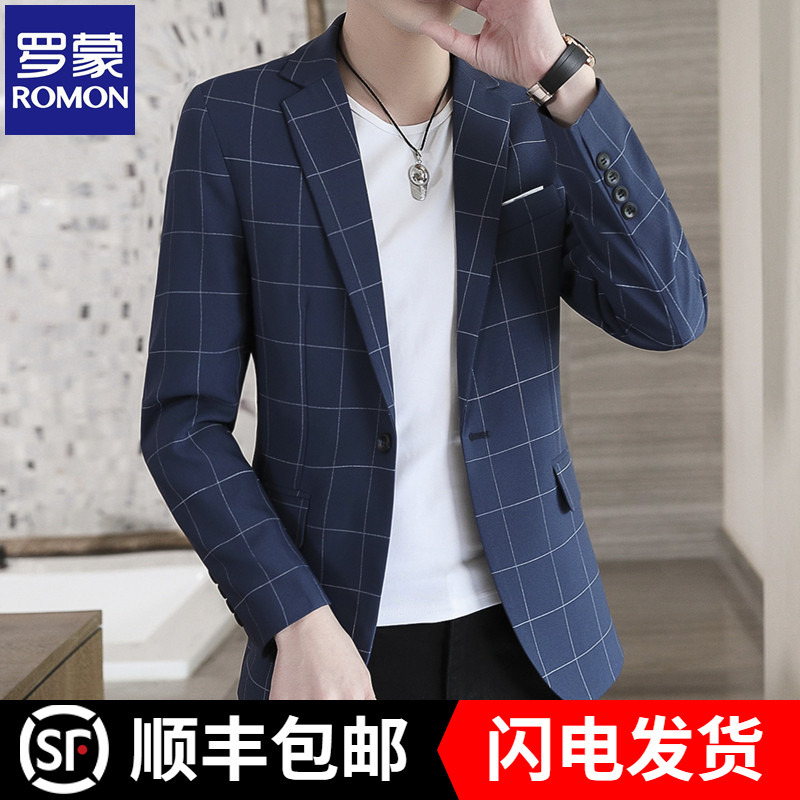 Romon Men's Casual Suit Korean Style Slim Fit Trendy Handsome Small Suit Thin Plaid British Style Jacket