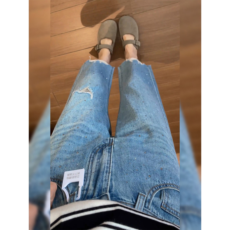 Blue High-Waisted Rhinestone-Studded Cropped Ripped Jeans for Women, Summer Thin Style, Plus Size, Slimming, Petite, Cigarette Pants Blue High-Waisted Rhinestone-Studded Cropped Ripped Jeans for Women, Summer Thin Style, Plus Size, Slimming, Petite, Cigarette Pants