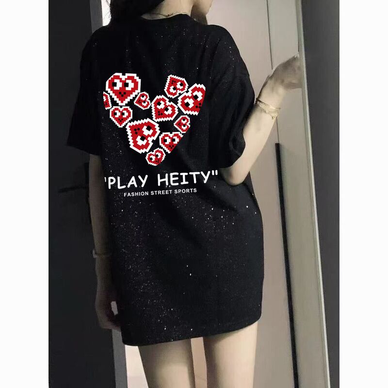 100% Pure Cotton [Starry Sequins] Shiny Short-Sleeved T-Shirt for Women Ins National Fashion High Street Loose-Fitting Love-Themed Top