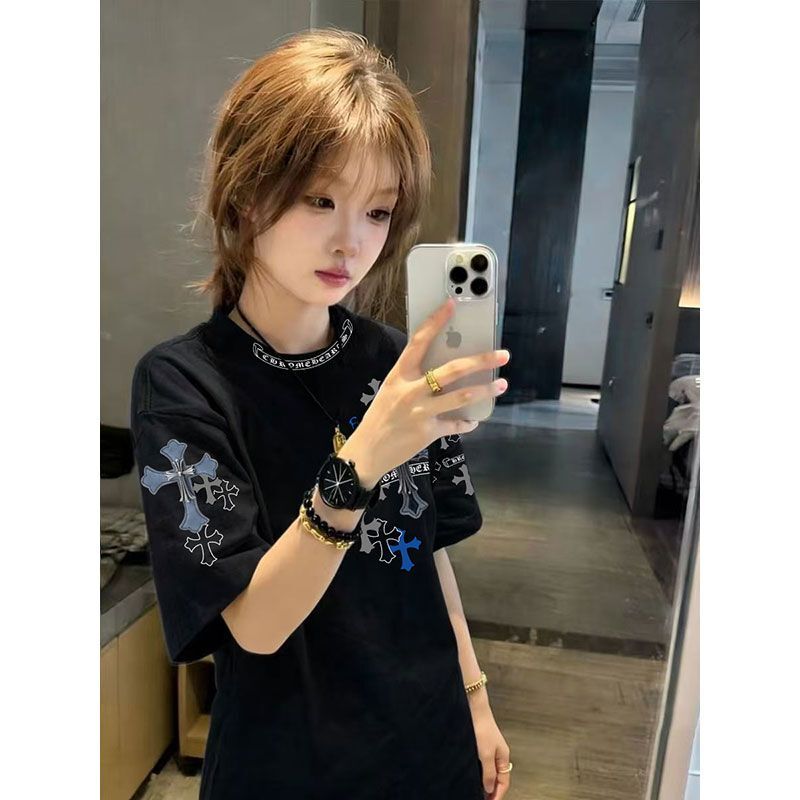 American Hip-Hop Sanskrit Cross Print Short-Sleeved T-Shirt for Women, Summer Loose High-Street Design Niche Pure Cotton Top