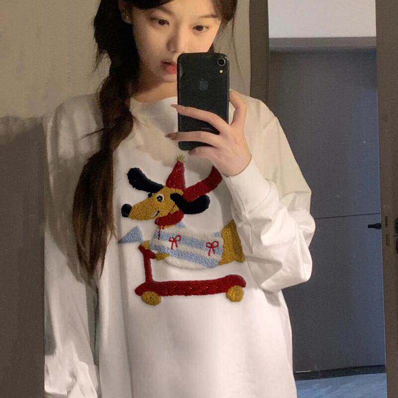 American-Style Towel Embroidery Patch Skateboard Dog Long-Sleeve T-Shirt for Women, Spring and Autumn, Loose Design, Heavyweight Pure Cotton Top American-Style Towel Embroidery Patch Skateboard Dog Long-Sleeve T-Shirt for Women, Spring and Autumn, Loose Design, Heavyweight Pure Cotton Top