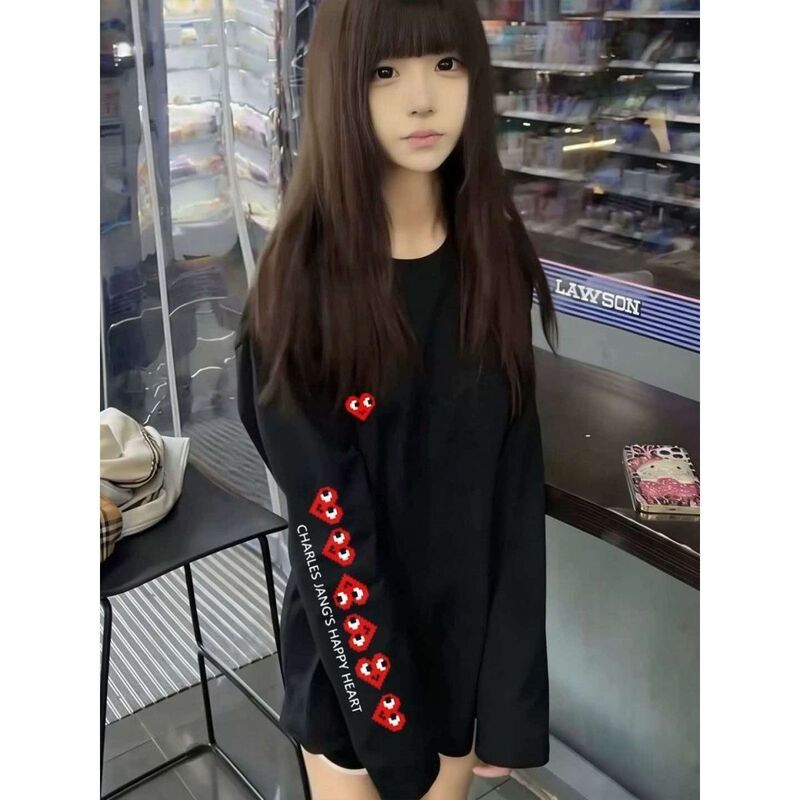 American-Style Lazy Heart-Print Campus Style Long-Sleeved T-Shirt for Women, Black, Loose, Versatile, Sweet and Spicy Student Top
