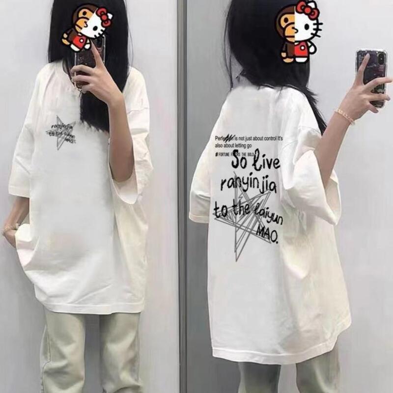 High Street Letter Print 100% Cotton Short-Sleeve T-Shirt for Women, New Summer Style, Loose American-Style Trendy Brand Top for Petite Sizes