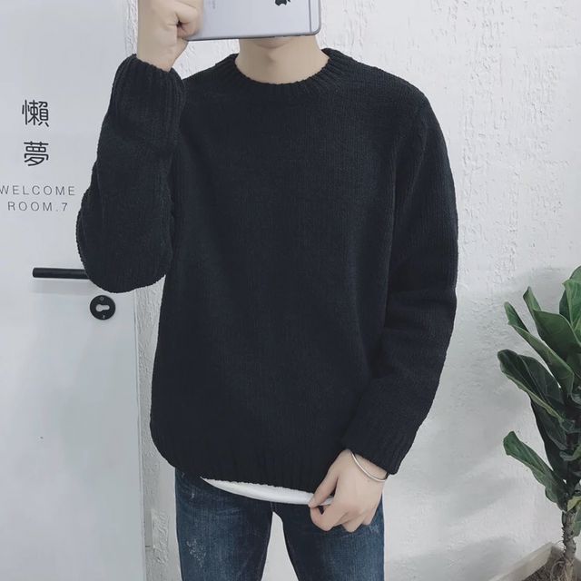 Mong Tsai mùa đông tươi mới văn học áo len nam Hàn Quốc áo len đan đơn giản áo len lỏng cổ tròn áo len gile