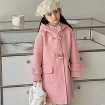 Girls woolen coat 2024 autumn and winter new childrens mid-length hooded crotch button double-sided woolen coat Korean childrens clothing
