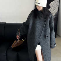 Autumn and winter new childrens wool double-sided woolen coat for medium and large children with stand-up collar diagonal placket and tabs woolen coat mid-length temperament