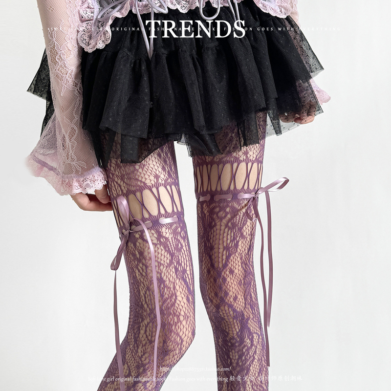 So Beautiful! Millennial Style Sweet and Spicy Girl Ribbon Bow Hollow Lace Fishnet Stockings Retro Slimming Pantyhose