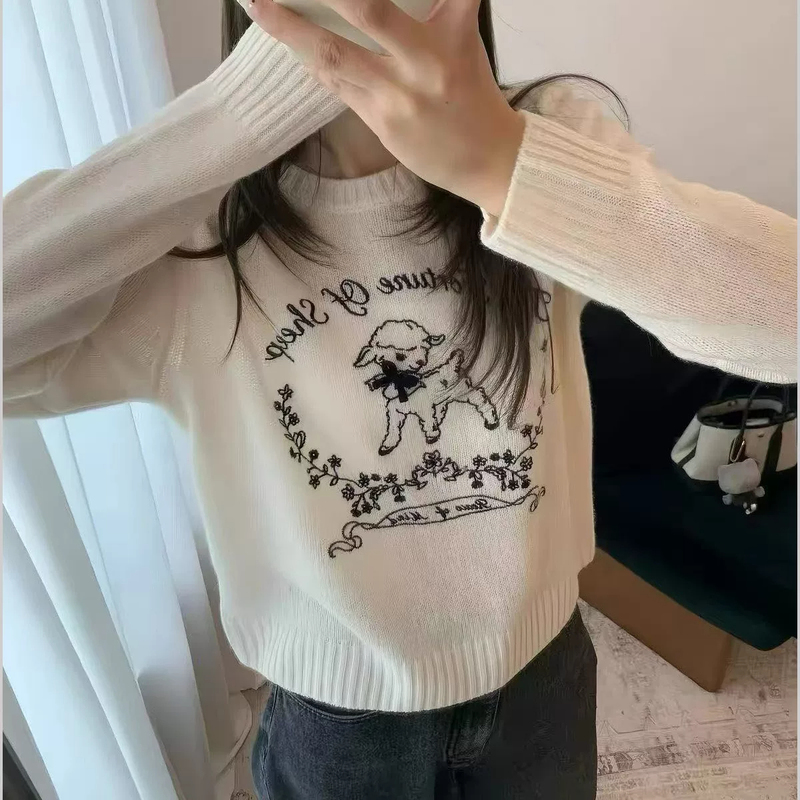 Korean Style Round Neck Cartoon Little Sheep Letter Embroidery Jacquard Long-Sleeved Knitwear for Women, New Autumn Sweater Top for Women Korean Style Round Neck Cartoon Little Sheep Letter Embroidery Jacquard Long-Sleeved Knitwear for Women, New Autumn Sweater Top for Women