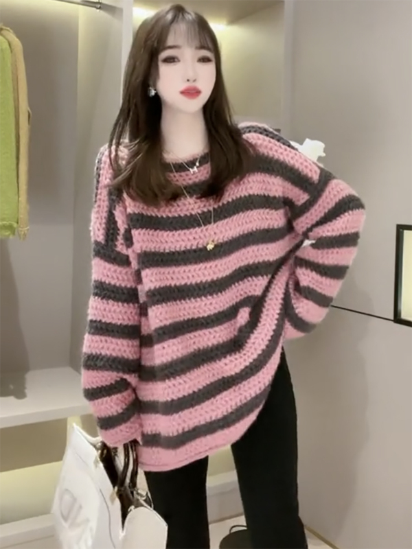 European-Style Lazy Style Off-Shoulder Pink Striped Sweater for Women, Autumn and Winter 2025 New Vintage Thick Knitwear European-Style Lazy Style Off-Shoulder Pink Striped Sweater for Women, Autumn and Winter 2025 New Vintage Thick Knitwear