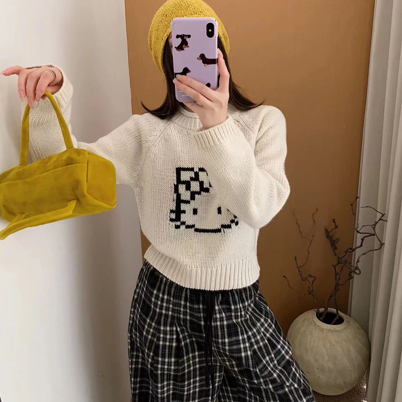 Pixel Block Kt Cat Long Sleeve Knitted Sweater Heavy Jacquard Knit Round Neck Raglan Short Top for Women