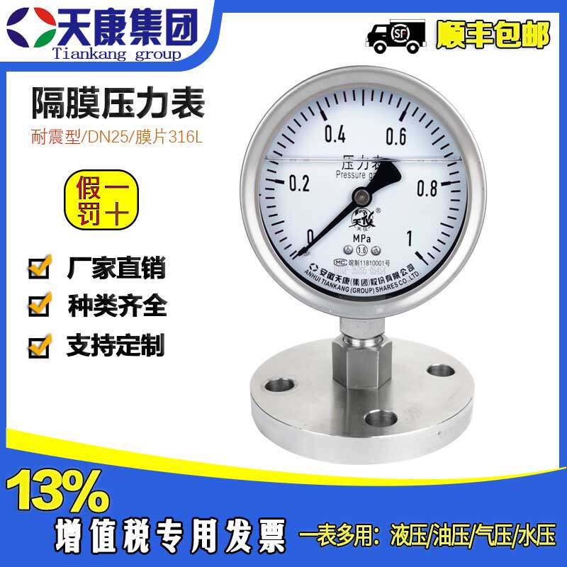 Anhui Tiankang Group stainless steel seismic pressure watch YN100B oxygen meter installed ammonia