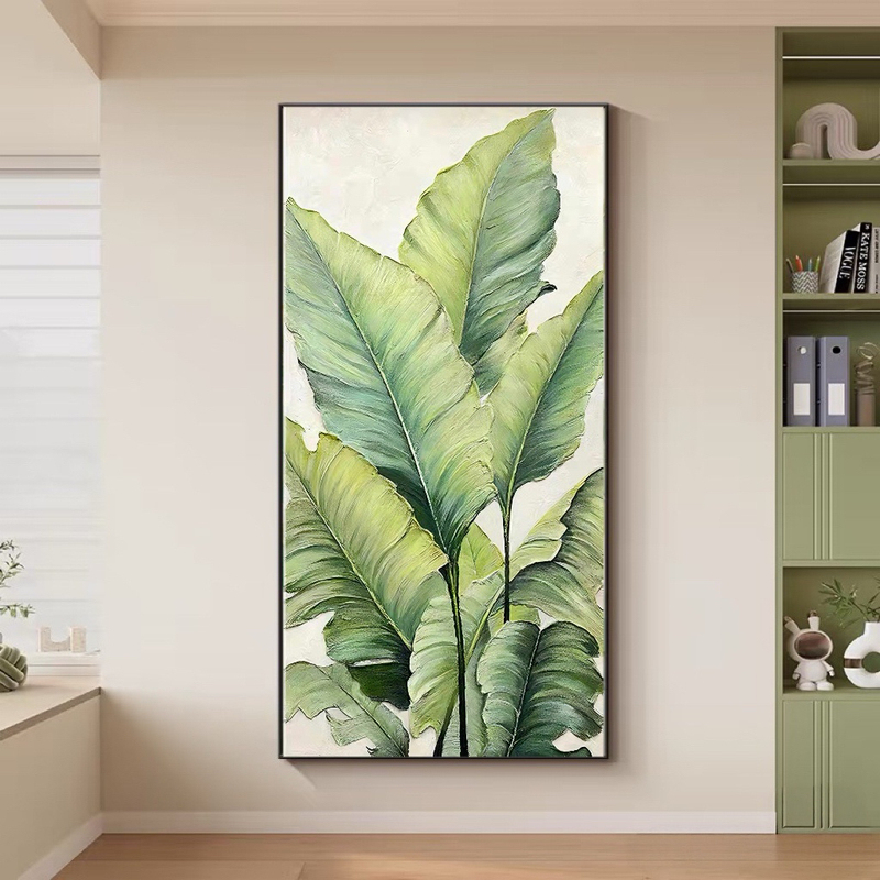 Large-Leaf Hand-Painted Texture Oil Painting Vertical Wall Art for Entryway, Living Room, Corridor, Three-Dimensional Thickly Painted Green Plant Decorative Painting Large-Leaf Hand-Painted Texture Oil Painting Vertical Wall Art for Entryway, Living Room, Corridor, Three-Dimensional Thickly Painted Green Plant Decorative Painting