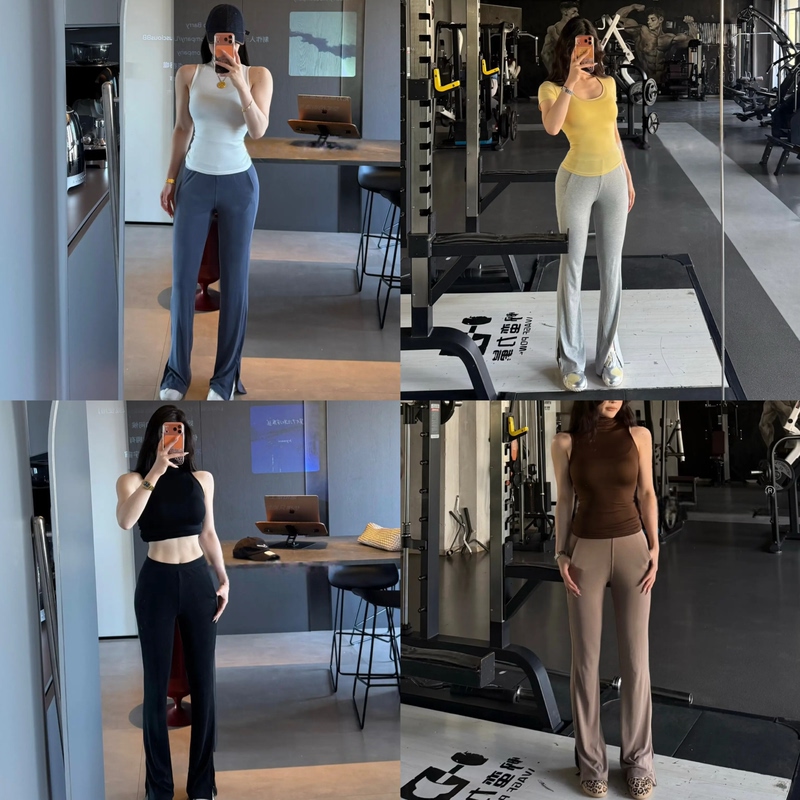 Hot Girl Waist-Cinching Stretchy Knit High-Elastic Sweat-Absorbing Yoga Short-Sleeve Fitness Top for Women with Cool Drape and Slightly Flared Long Pants