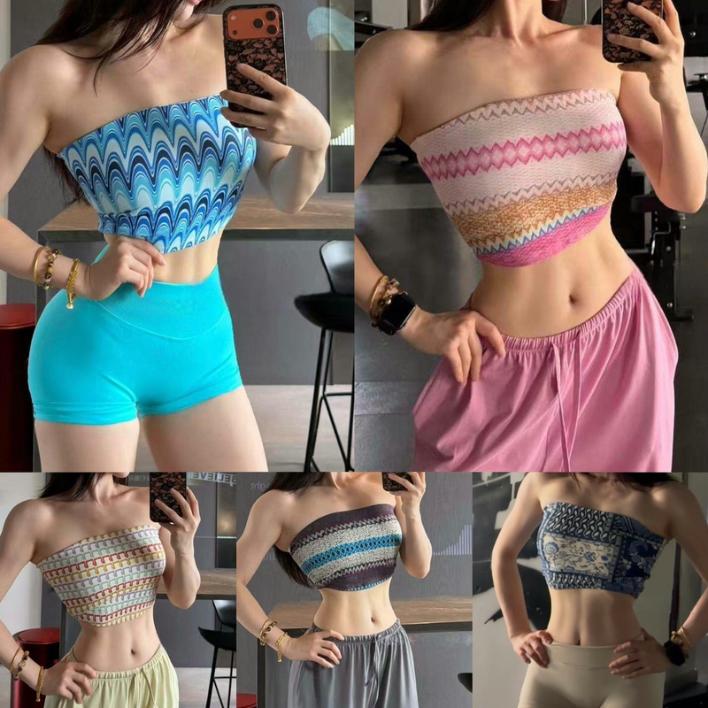 Fixed Cup Bohemian Style Retro High-Elasticity Nude-Feel Sports Fitness Outerwear Tube Top Short Crop Top Yoga Top