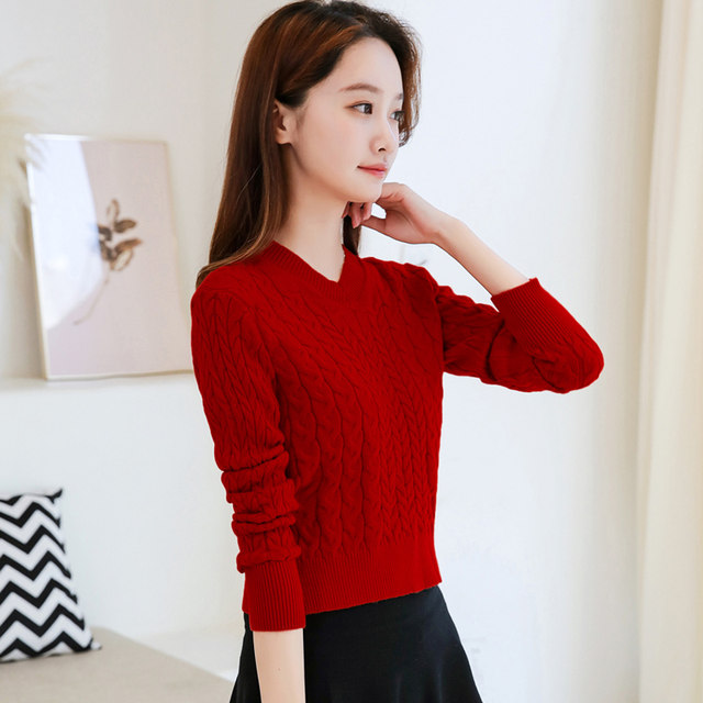 Twist sweater women's pullover short V-neck slim long-sleeved sweater autumn and winter thickened small high-waisted bottoming top