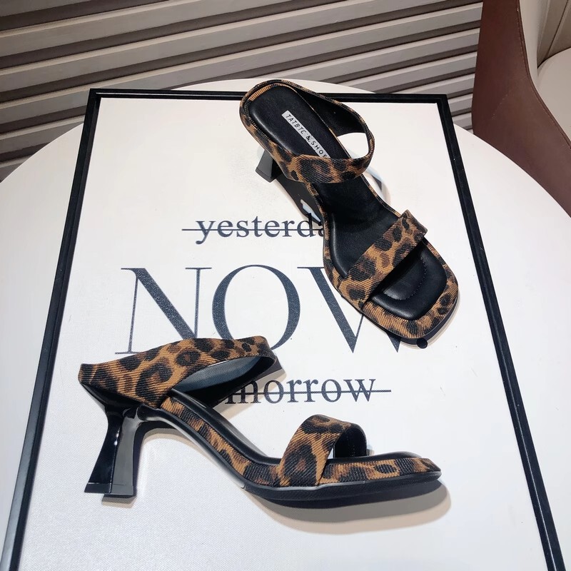 6cm Leopard Print Cloth High-Heeled Sandals for Women's Outer Wear French Sexy Open-Toe Stiletto Flip-Flops 2025 New Style
