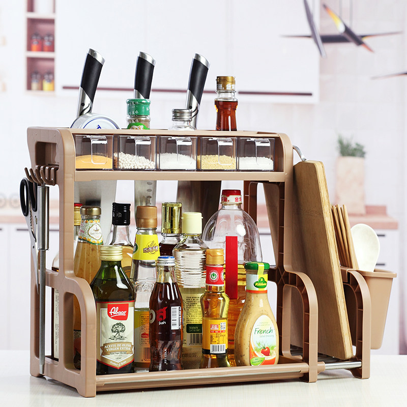 Kitchen Double Layer Seasoned Shelving shelf Seasoning Box Suit Multifunctional seasoning jar rack Plastic stainless steel cutter shelf
