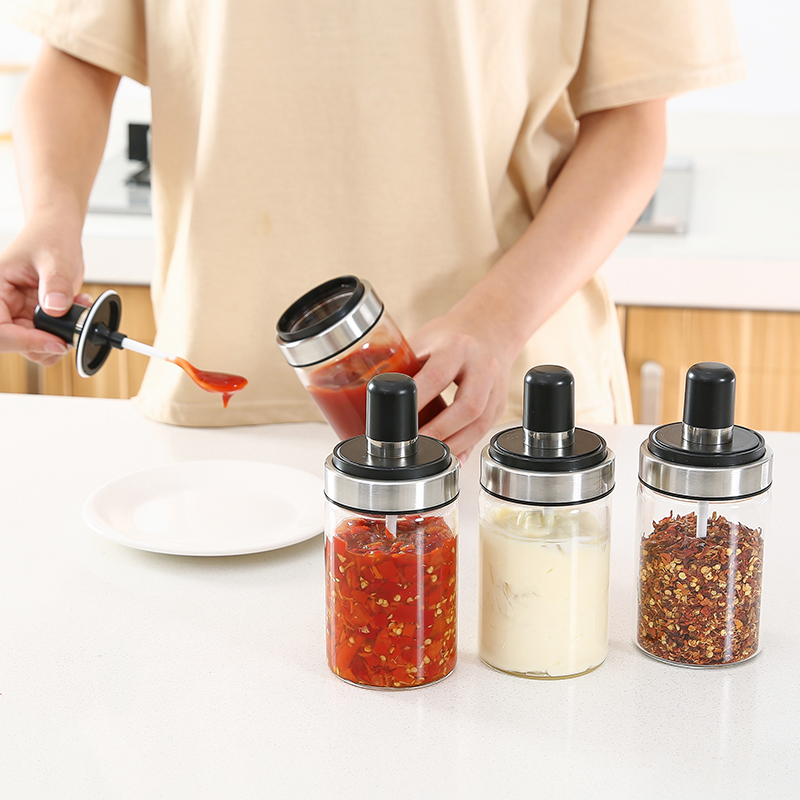 Home Moisture Protection Glass Seasonings Box Sealed Jars Salt Sauce Stock Jars With Spoons Sauce Bottle Creative Day Style Seasonings Bottle