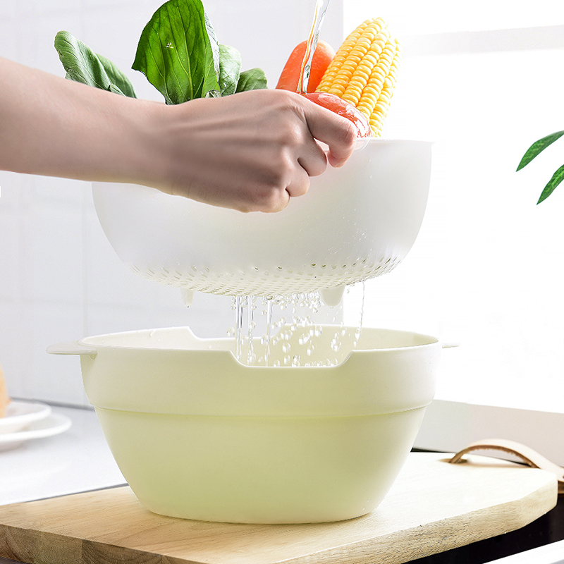 Double Layer Plastic Drain Basket Washing water Fruit and vegetable dishes Sub-water Leaky Basket Creative Washing Basin water-saving Fruit basket