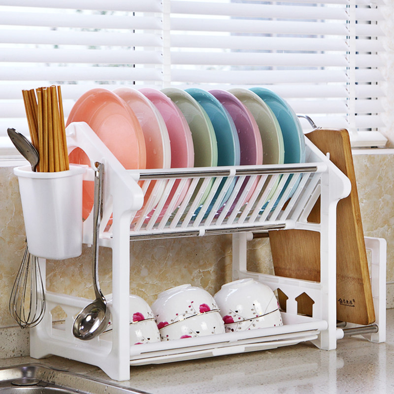 Double-layer dish rack Kitchen supplies shelf Tableware storage drain bowl rack cupboard drip plastic two layers