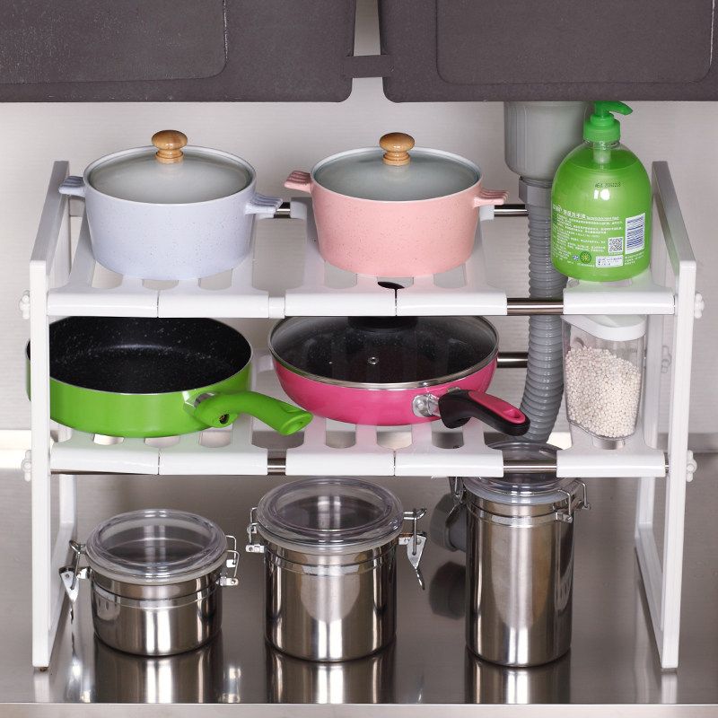 Stainless steel sink shelf kitchen storage rack kitchen storage stand floor 2 floors retractable adjustment dishwashing pot rack
