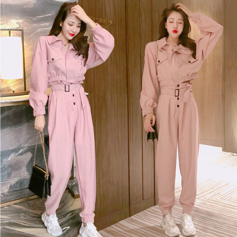 Autumn style tooling high waist pants suit female small 155 with high-ocean style goddess fan casual two-piece