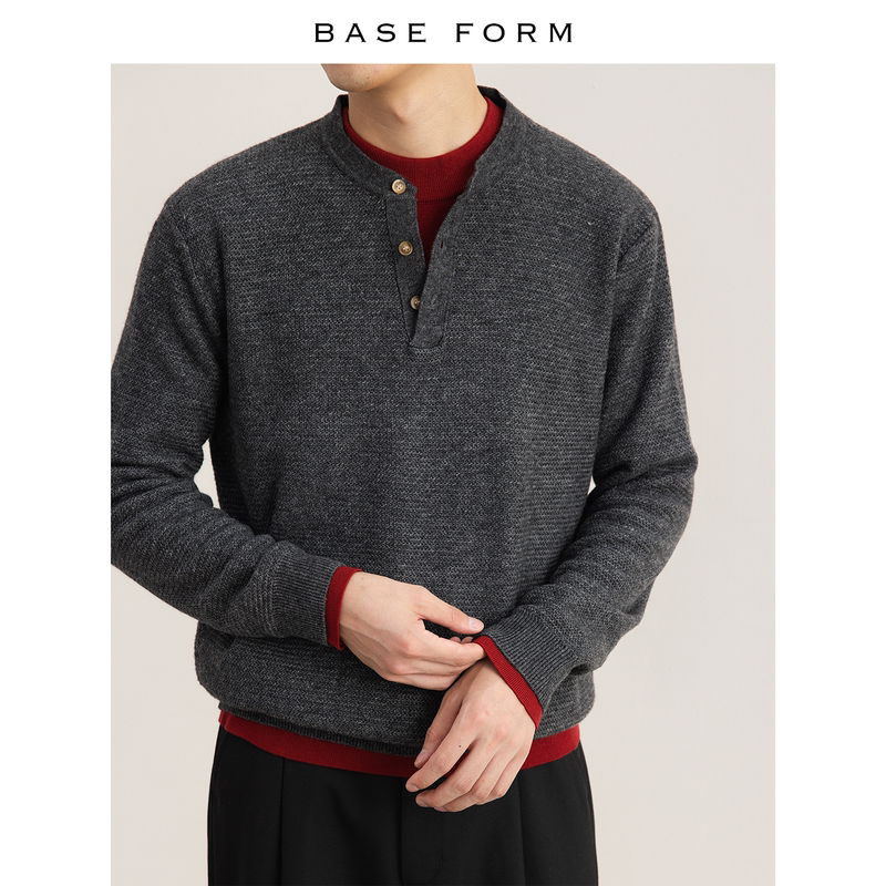Baseform Henry Collar Wool Sweater for Men, Italian Old Money Style, Autumn and Winter Commuting Long-Sleeve Warm Pullover