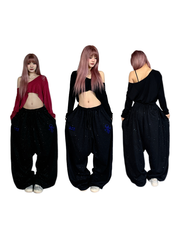 Azzstudio Black Sweatpants with Silver and Blue Rhinestones, Loose Casual Sports Pants, Trendy Wide-Leg Pants