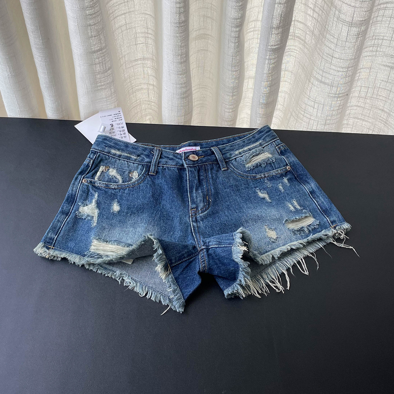 European and American Low-Waisted Ultra-Short Dark Blue Ripped Denim Shorts for Women 2026 Summer New Slimming Versatile Wide-Leg Pants