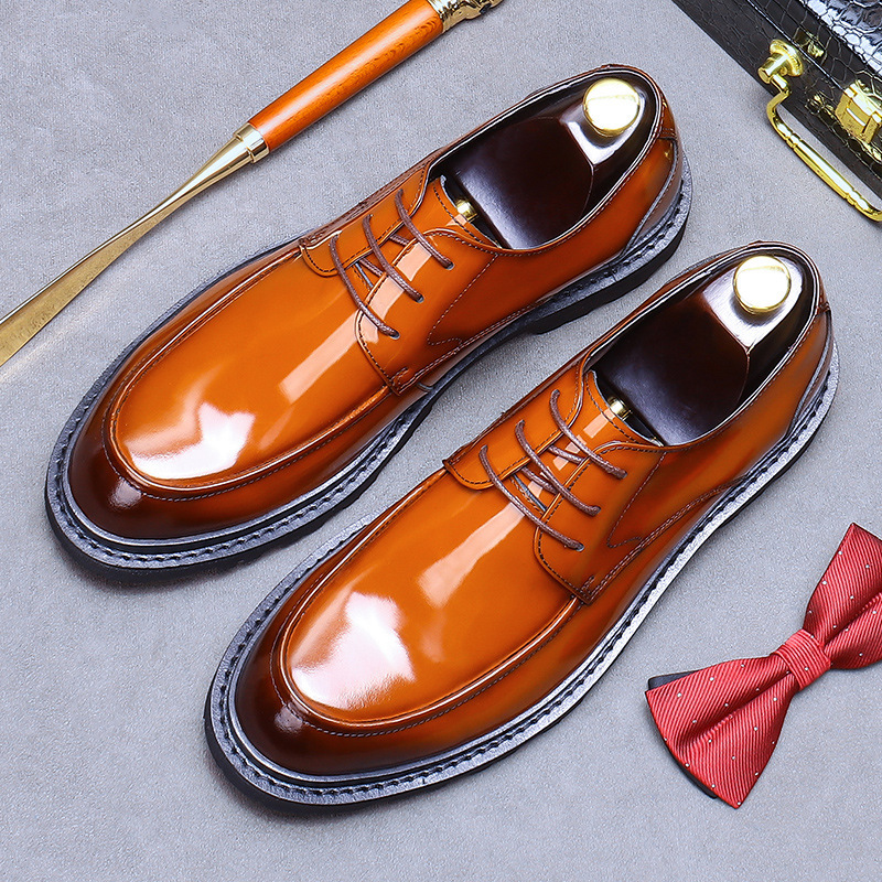 Brown Thick-Soled Height-Increasing Leather Shoes for Men, Genuine Leather Business Formal Derby Shoes, British Style Shiny Leather, High-End Work Patent Leather, Breathable