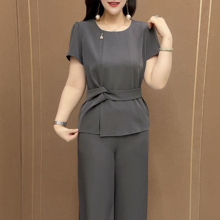 High-End Solid Color Fashion Suit 2026 Summer New Short-Sleeved Top Casual Pants Mom Waist-Cinching Two-Piece Set High-End Solid Color Fashion Suit 2026 Summer New Short-Sleeved Top Casual Pants Mom Waist-Cinching Two-Piece Set