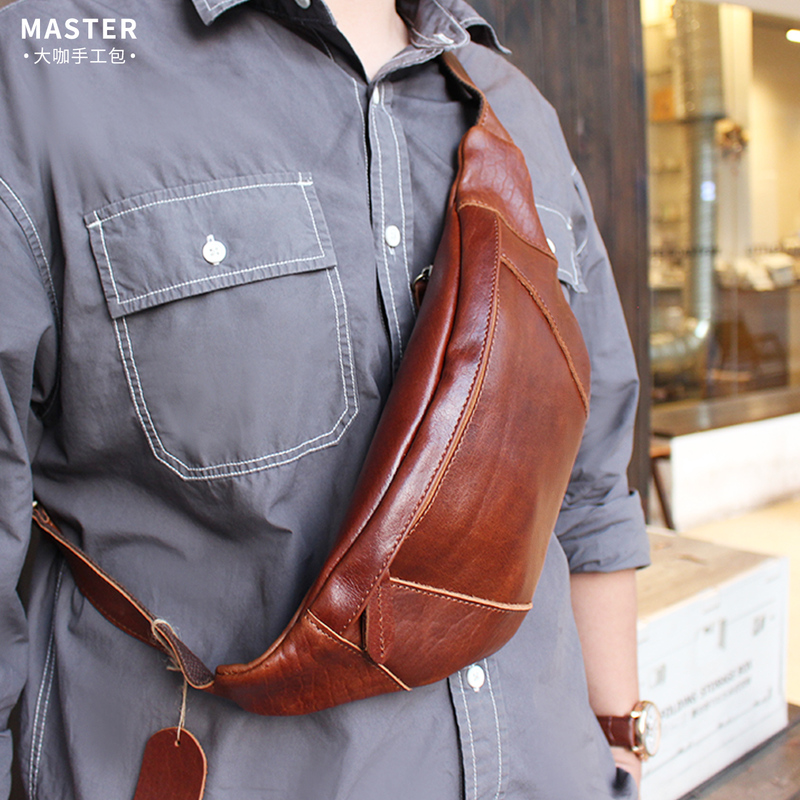 Handmade Genuine Crazy Horse Leather Chest Bag, Phone Bag, Casual Shoulder Bag, Crossbody Bag, First Layer Cowhide Unisex Waist Bag