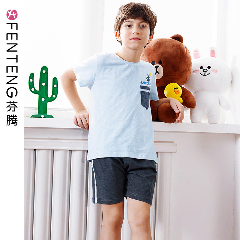 Fenteng children sleepwear summer boy round collar cover short sleeve shorts two-piece suit full cotton CUHK child home clothes