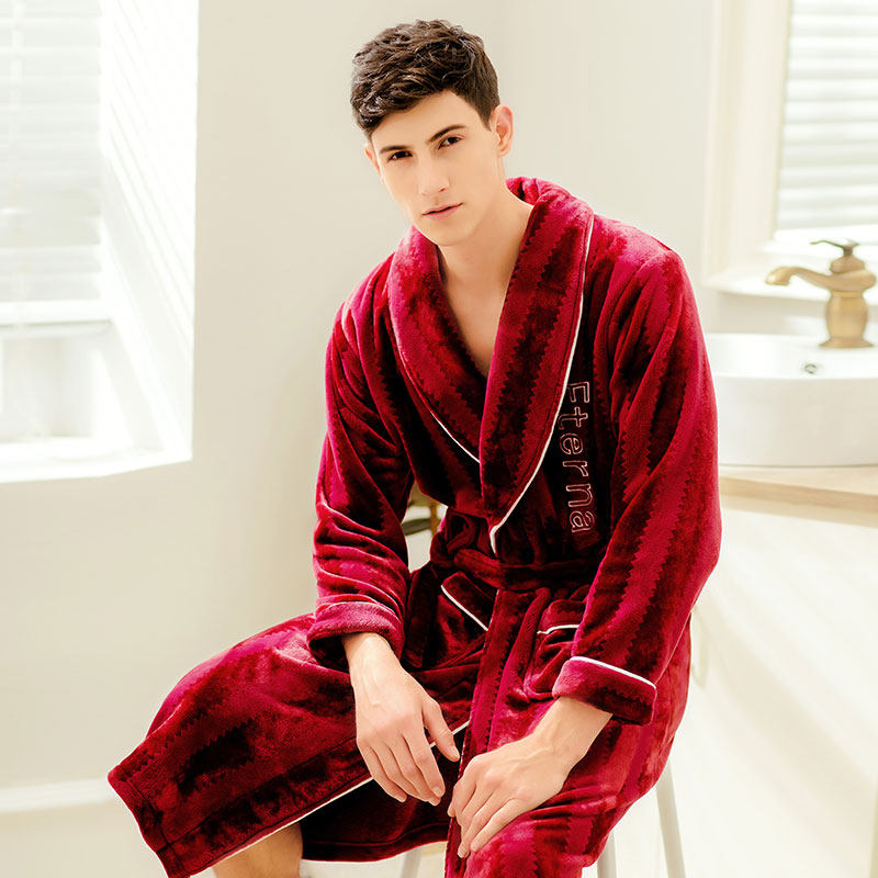 Finten Autumn Winter Coral Suede Sleeping Robe Men's Thickened Long Version Youth Flannel Home Conserved Bathrobe Bathrobe With Velvet Pyjamas