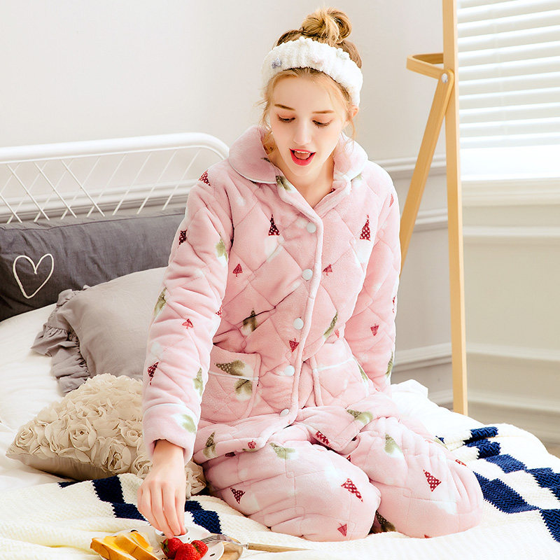 Finten Autumn Winter Coral Suede Bunk Cotton Pyjamas Women's Jersey Korean Version Thickened Warm Triple Layer Flannel Suede Suit Suit