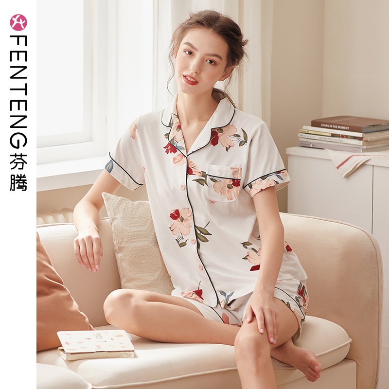 Finten Summer New Sleepwear Lady Pure Cotton Short Sleeve Shorts Sweet and long pants can be worn out of large size All cotton Home Home Clothing