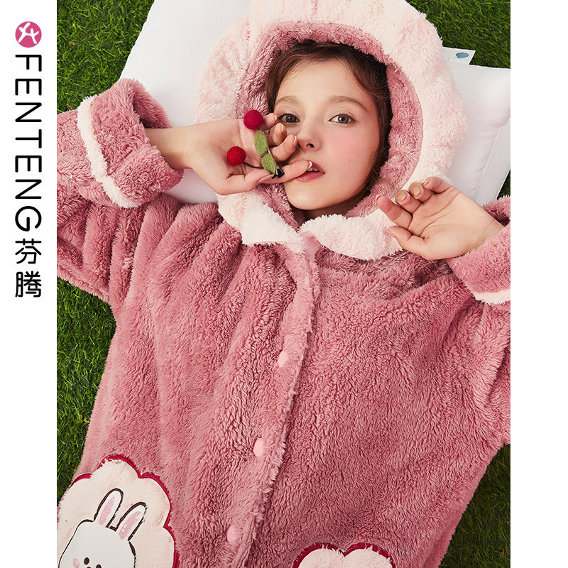 Fenteng flannel pajamas women's plus velvet thick winter coral fleece home clothes long-sleeved sweet brown bear women's suit