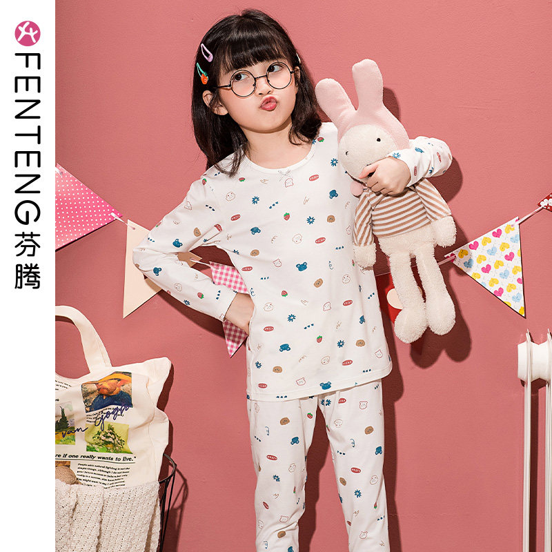 Fenteng Children's Cotton Autumn Clothes Sanitary Pants Set Girls' Heat Shirts Thin Section Middle and Big Children's Bottoming Cotton Sweater Pajamas