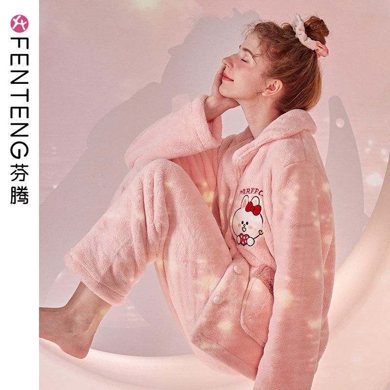 Finten Autumn Winter Coral Suede Palate Woman Sweetness Cartoon Brown Bear Plus Suede Thickened Flannel Woman Home Suit Suit