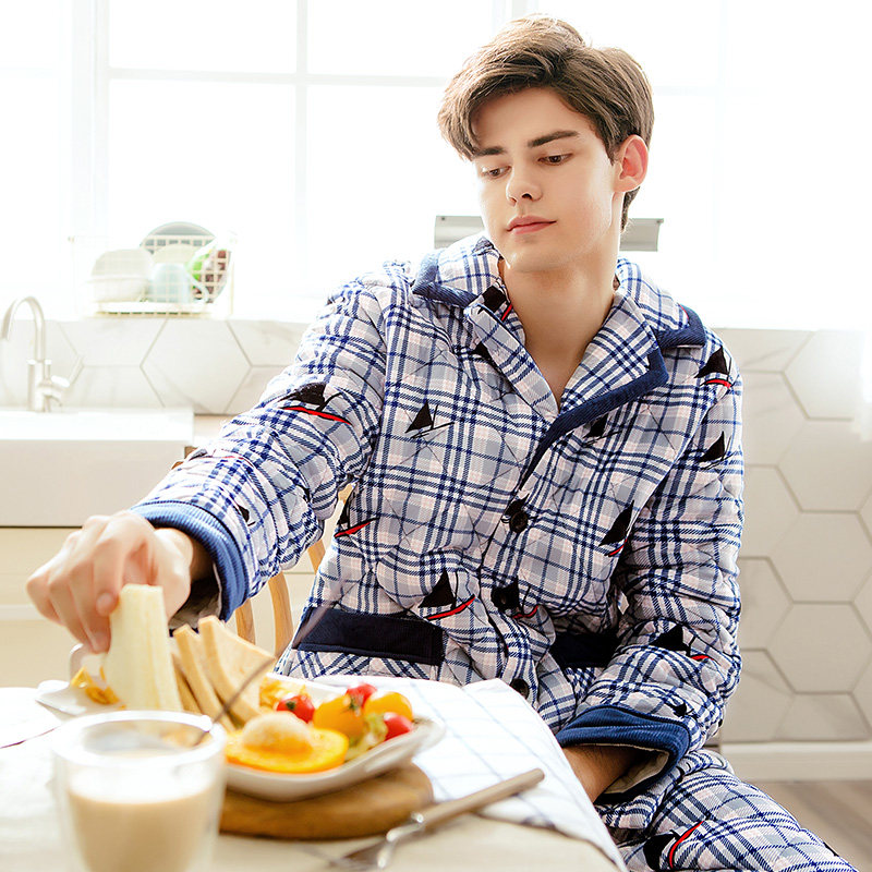 Fenteng winter new men's pajamas thickened warm coral fleece padded jacket three-layer casual flannel cotton laying suit