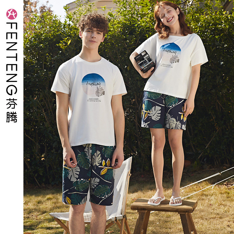 Fenteng lovers sleepwear female summer short sleeve pure cotton thin covered head Han version casual outwear for men's home suits suit