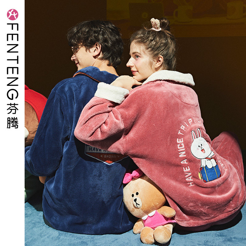 Finten Line Friends Coral Suede Lovers Pyjamas Korean version Cartoon Flannel Velvet Cardiff Cardiff and Flannel Suit