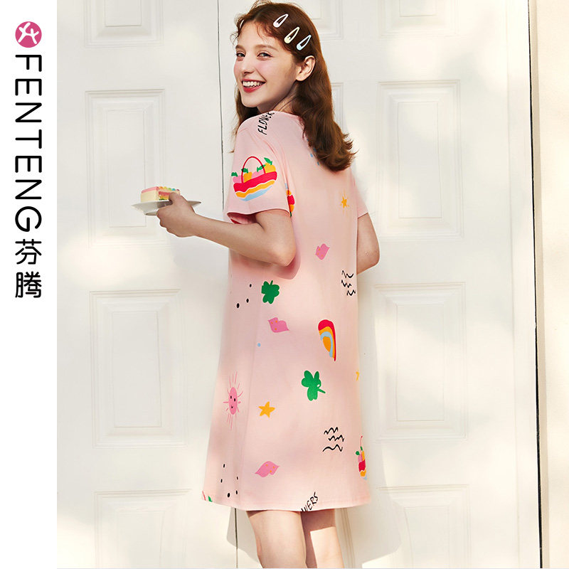 Fenteng Summer Short Sleeve Nightdress Ladies Cotton Thin Skirt Homewear Cute Cartoon Cotton Dress Pajamas