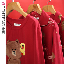 Finten Spring Autumn Brown Bear Couple Sleeping Clothes Men And Women Long Sleeves Pure Cotton Big Red Ben Year Newlywed Home Suit Suit
