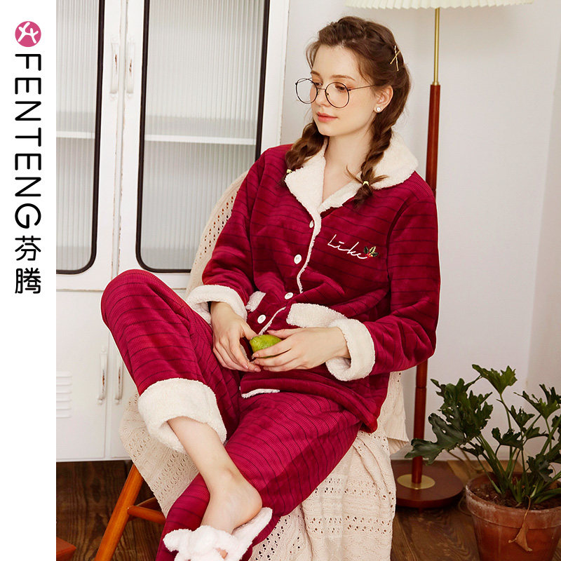 Fententen Coral Suede Pajamas Woman Winter Thickened Warm Korean Version Sweet Beauty Teenage Girl Autumn Winter Bebe Suede Home Suit Suit
