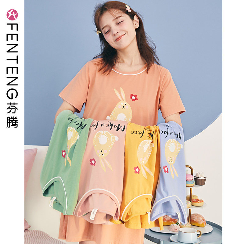 Fentem Sleep Skirt Woman Summer Pure Cotton Short Sleeve Pyjamas Short Skirt Slim Fit Sweet Cartoon Teenage Girl can wear a stay-at-home foreign dress
