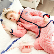 Fenten winter coral fleece cotton pajamas womens cardigan fold collar thickened three layer flannel cotton home clothing set