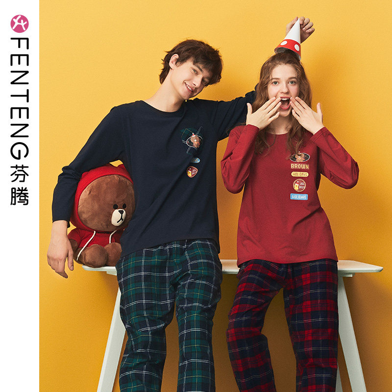 Finten Spring Autumn Couple Sleeping Clothes Pure Cotton Long Sleeve Head Korea Brown Bear Teen Girl's Home Clothes Can Go Out Man Suit
