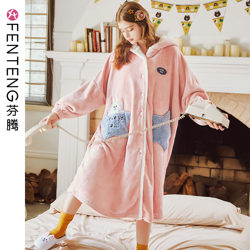 Finten Winter Coral Suede Sleeping Robe Women Sweet brown Bear stars Long version Lions flannel Flannel Can be worn outside the home